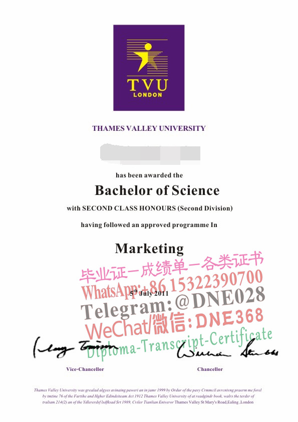 英国泰晤士河谷大学文凭样本