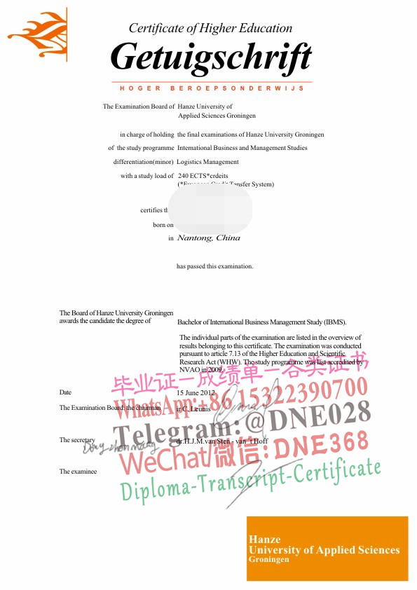 荷兰鹿特丹商学院改格罗宁根汉斯大学毕业证样本